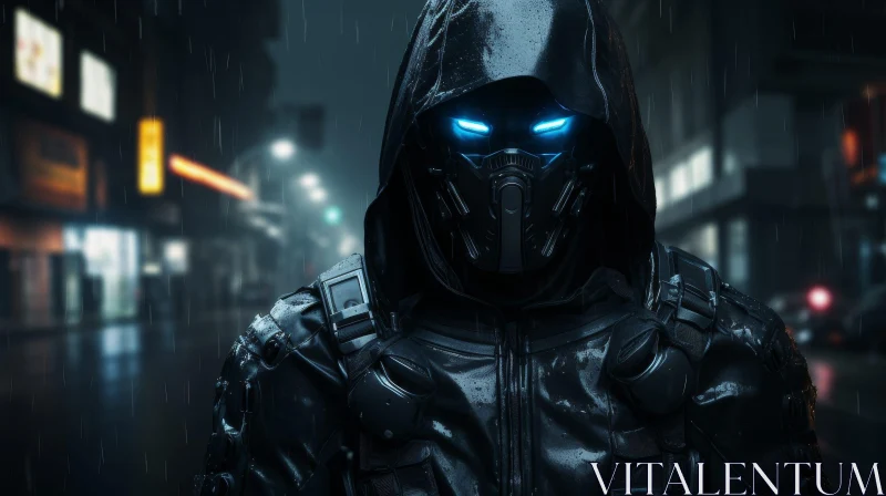 Mysterious Man in Black Suit with Mask and Blue Glowing Eyes in Dark Alleyway AI Image