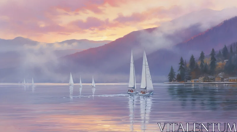 AI ART Tranquil Sunset Scene: Sailboats on a Calm Lake