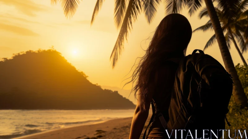 Tropical Beach Sunset with Woman AI Image