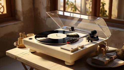 Vintage Record Player on Wooden Table