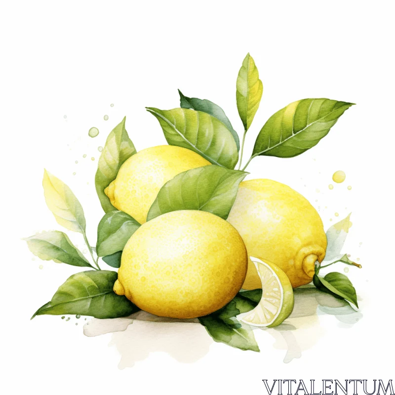 Watercolor Illustration of Fresh Lemons with Leaves | Organic Style AI Image