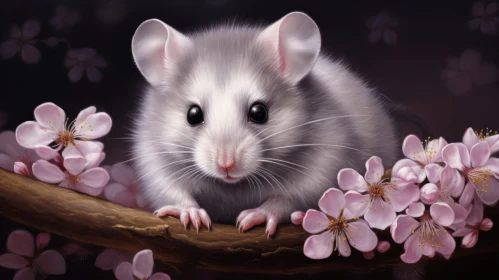White Mouse on Cherry Blossom Tree Branch