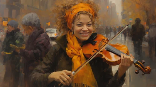 Joyful Woman Playing Violin in Busy Street Painting