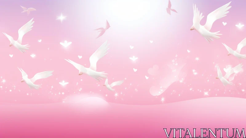 AI ART Pink Background with White Doves and Sparkles