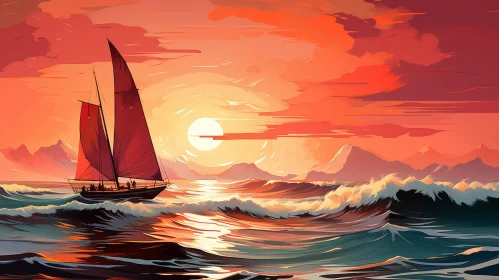 Sailboat with Red Sails on Rough Sea at Sunset