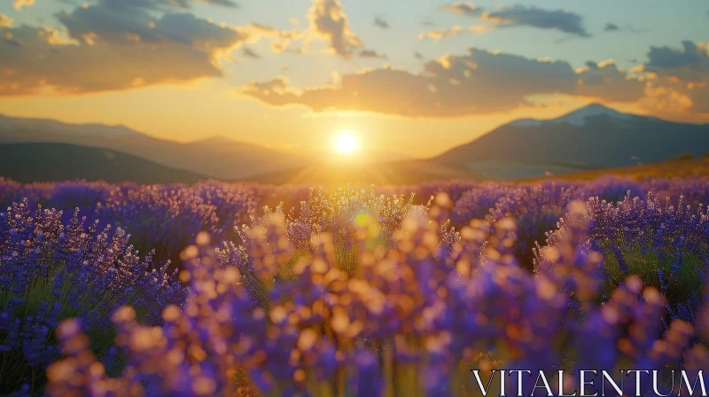 Tranquil Lavender Field Sunset Landscape AI Image