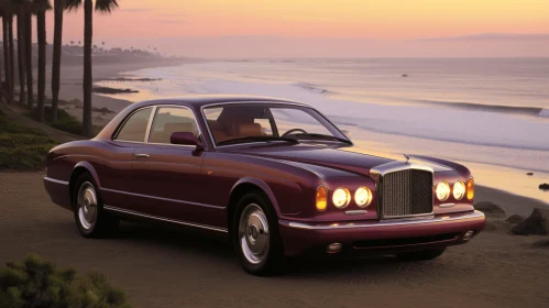 Purple Car with Gold Trim in Richly Colored Skies