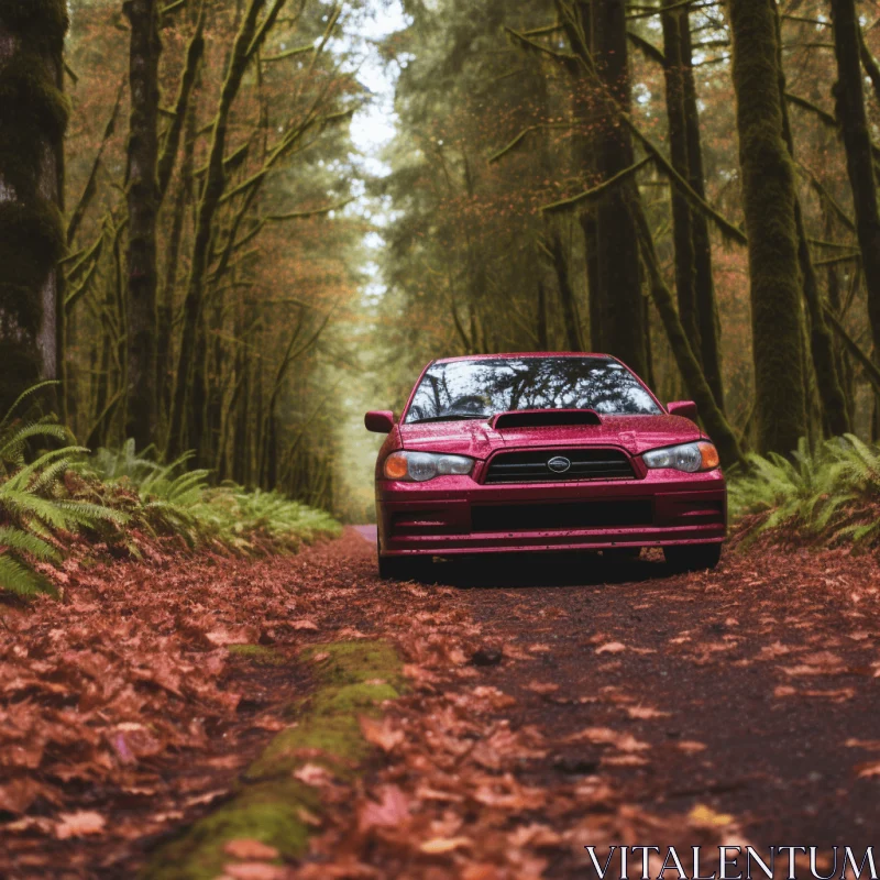 Captivating Red Subaru Rally Car in Enchanting Autumn Woods AI Image