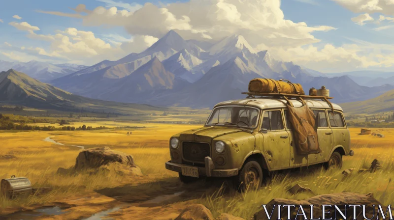 Van in Field with Mountains: Nostalgic Realism Artwork AI Image