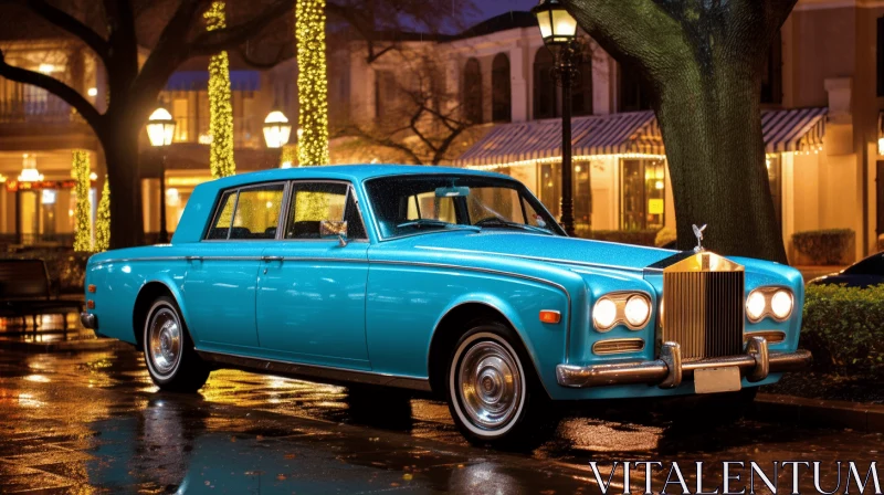Luxurious Opulence: Captivating Blue Car on Rainy Street AI Image