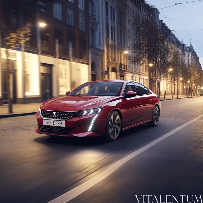 Red Peugeot Car Driving at Night - Bold Chromaticity and Motion Blur AI Image