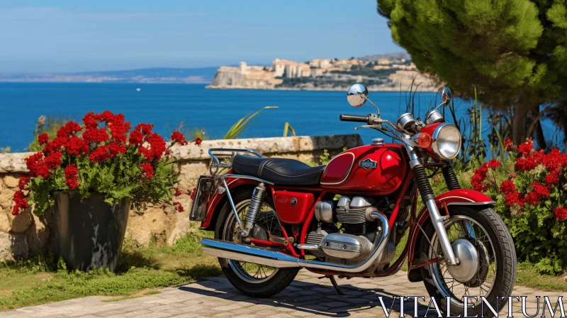 Vintage Red Motorcycle Parked Behind a Sea Wall - French Countryside AI Image