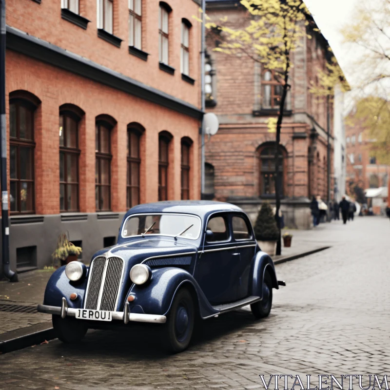 Vintage Scandinavian Style: An Enchanting Snapshot of an Old Car on a Brick Road AI Image