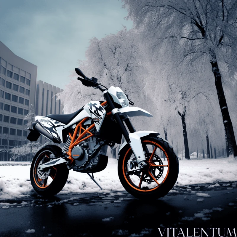 Motorcycle Parked on Snowy Street in Winter - Dynamic and Action-Packed AI Image
