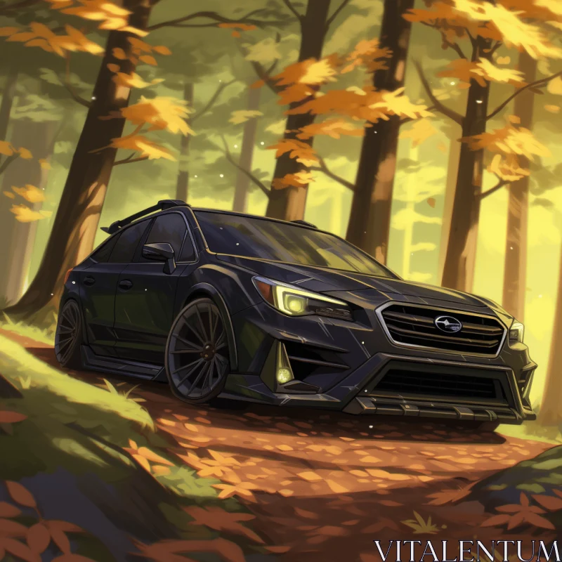 Enchanting Autumn Forest: Black Subaru STI Speedpainting AI Image