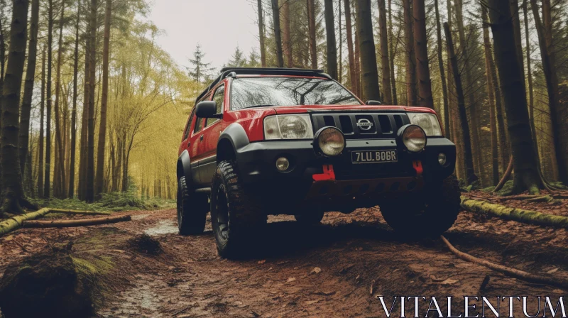 Vintage Red SUV Driving Through Forest | Off-Road Adventure AI Image