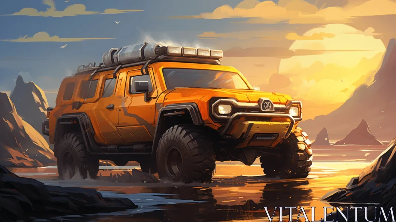 Muddy Orange Vehicle in Rocky Terrain - Neon Illustration AI Image