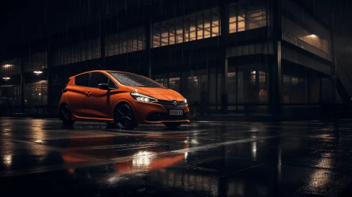 Small Orange Car in Rainy Street: Serene and Zen-Inspired