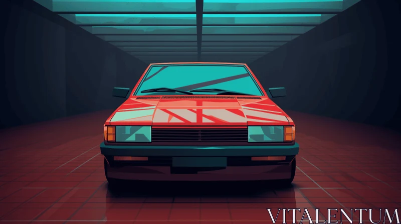 AI ART Red Car in Garage: Retrowave Japanese Minimalistic Art