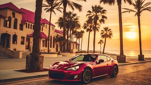Red Sports Car at Sunset by Palm Trees | Schlieren Photography
