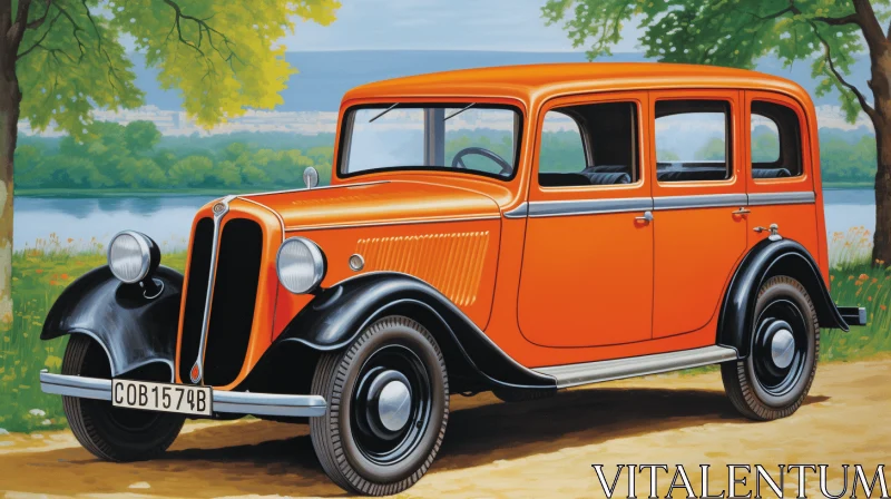 Captivating Orange Car Illustration | French Countryside Beauty AI Image