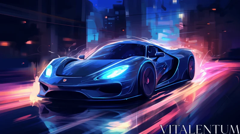 Captivating Blue Sports Car Racing Through City Streets at Night - Anime Art AI Image