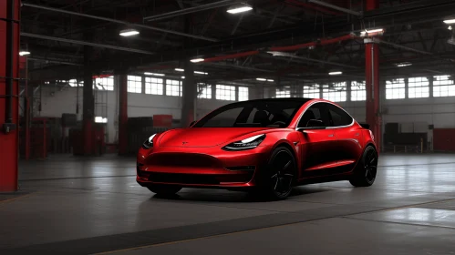 Red Tesla Model 3 Parked Inside a Warehouse - Industrial Inspiration