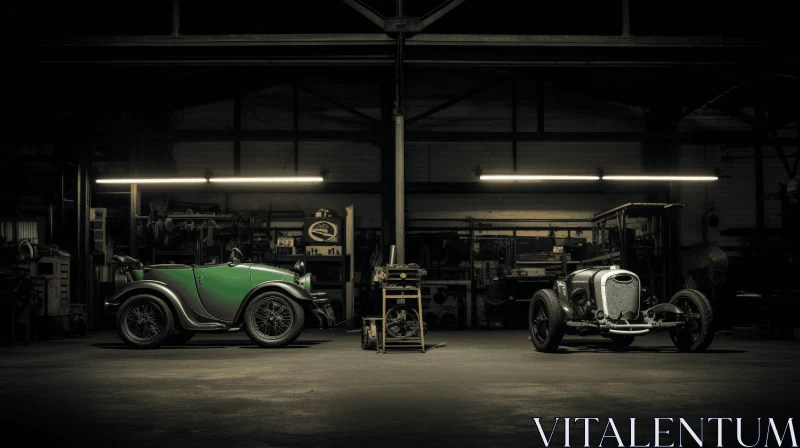 Vintage Cars in a Dimly Lit Garage | Green and Bronze AI Image