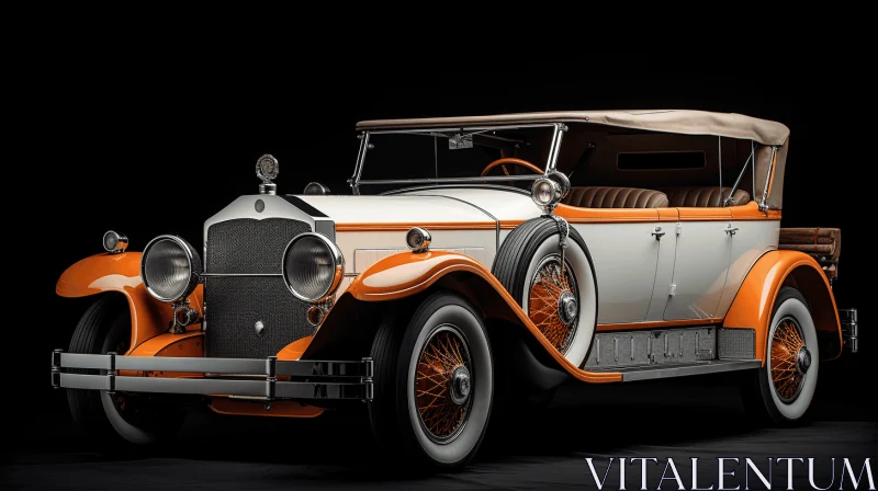 AI ART Vintage Orange and White Antique Car Against a Black Backdrop