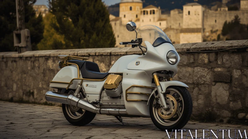 Golden Motorcycle Parked in Front of Majestic Stone Building - Dieselpunk and Neogeo Inspired AI Image