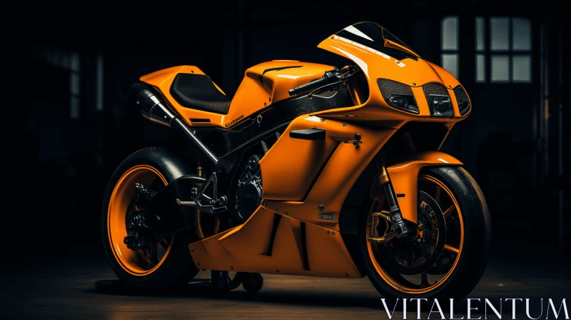 Orange Motorcycle in a Dark Room | Technological Symmetry AI Image