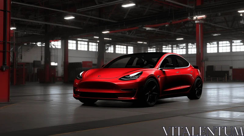 Red Tesla Model 3 Parked Inside a Warehouse - Industrial Inspiration AI Image