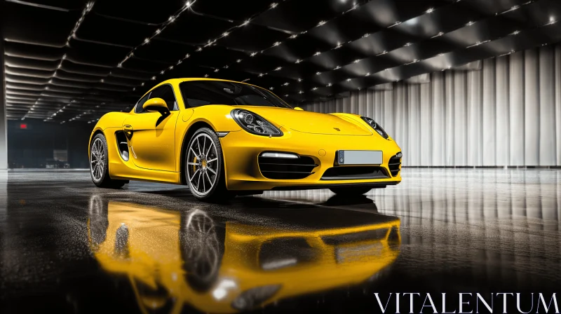 Yellow Sports Car in a Dark Room: Captivating Reflections and Mirroring AI Image