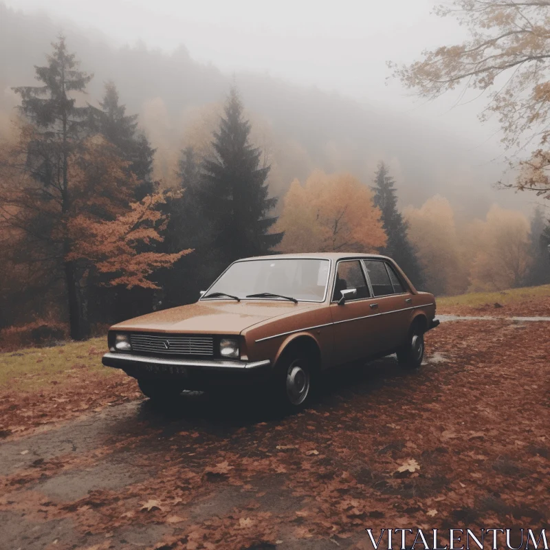 AI ART Brown Car Parked in Fog | Vintage Aesthetics | Field of Fall Colors