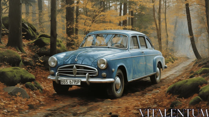 Captivating Blue Car in Forest - Serene Photorealistic Artwork AI Image