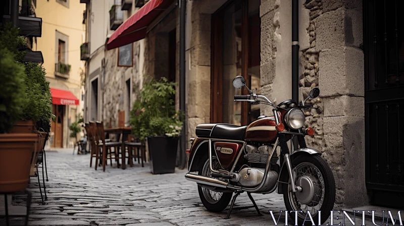 Vintage Motorcycle on Cobblestone Street | Nostalgic Midcentury Charm AI Image