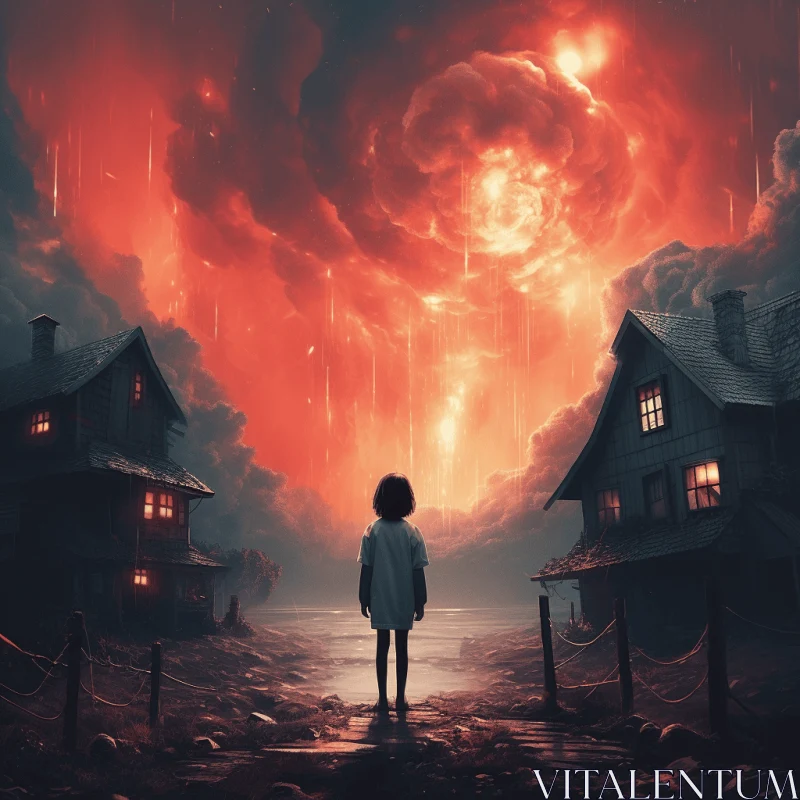Hauntingly Beautiful Illustration of a Young Man and a Burning House AI Image