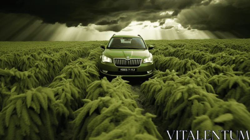 Green Car in a Field: A Captivating Realistic Portrait AI Image
