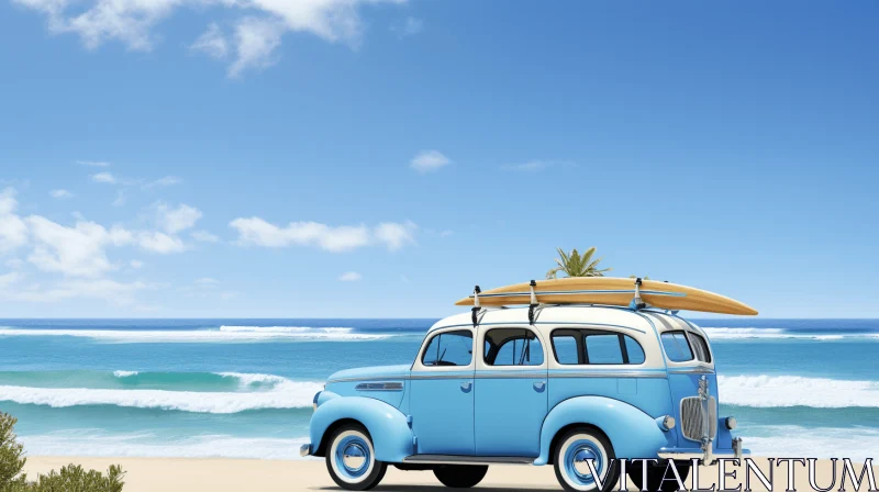 Blue and White Car on Beach - Realistic Hyper-Detailed Rendering AI Image