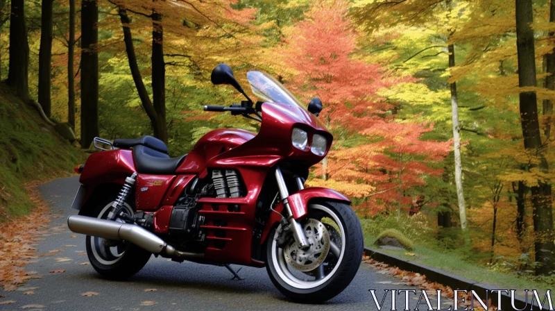 Captivating Image of a Red Motorcycle Amidst Autumn Colored Trees AI Image