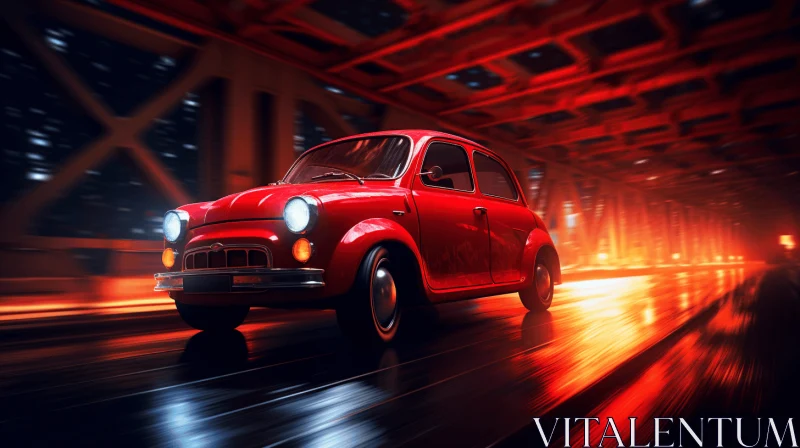 Captivating Night Scene: Hyper-Realistic Red Car in a Surreal Setting AI Image