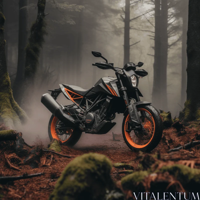 Enigmatic Motorcycle in the Forest: Dark Silver and Orange | Environmental Portraiture AI Image