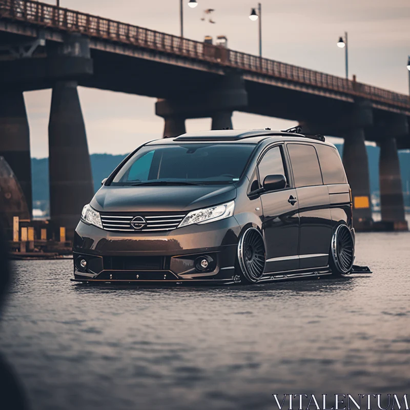 Enigmatic Black Minivan Parked Below Bridge | Captivating Fusion of Traditional and Modern Elements AI Image