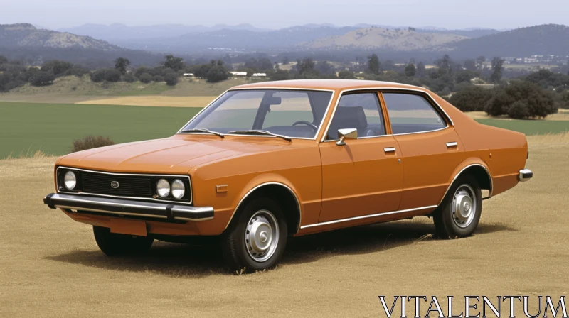 Captivating Orange Car in Field - American Consumer Culture and Japanese Influence AI Image