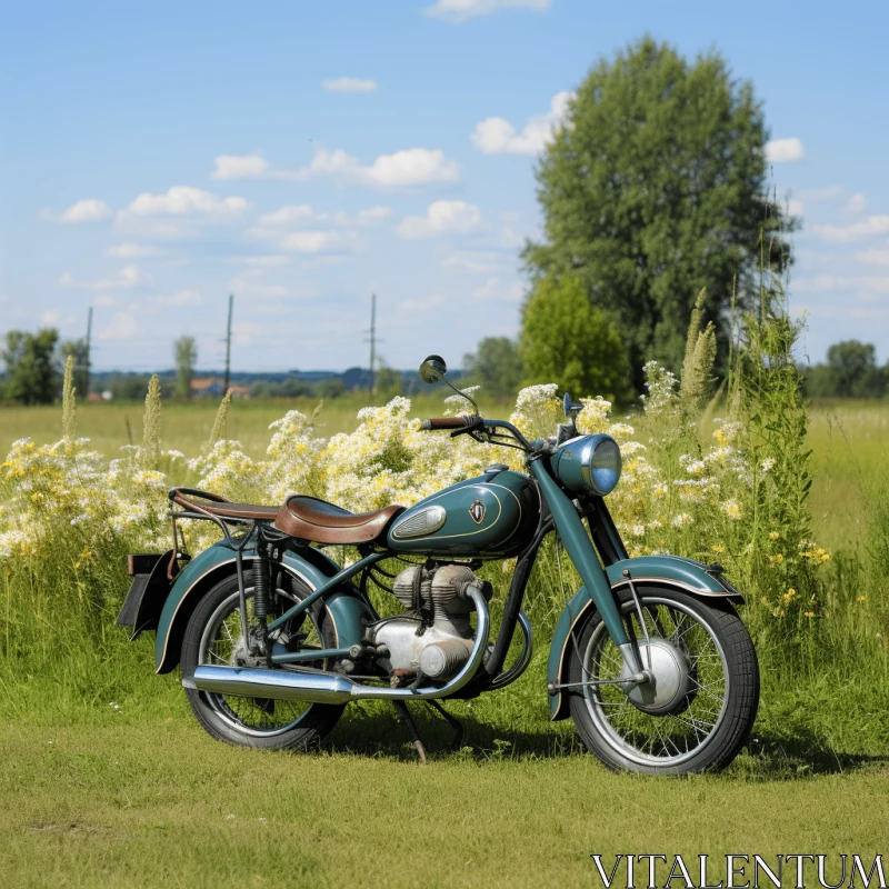 Motorcycle in Field: Capturing Suburban Ennui with Polish Folklore Motifs AI Image