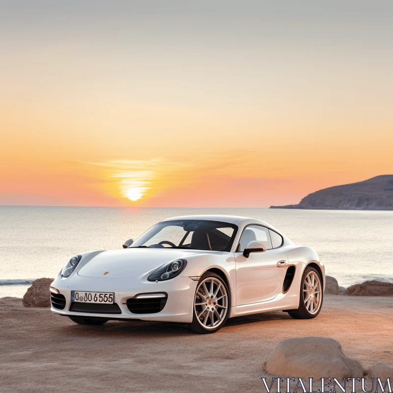 White Sports Car on Beach at Sunset | Monochromatic Style AI Image