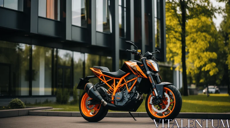 Orange and Black Motorcycle Parked in Front of Office Building AI Image