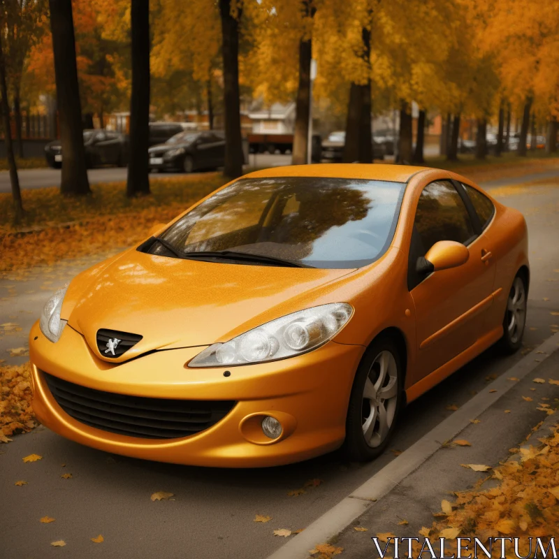 Vibrant Orange Car Driving on a Road with Autumn Leaves | Kodak Gold AI Image