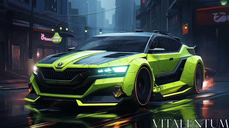 Captivating Green Car with Neon Lights | Realistic and Hyper-Detailed Artwork AI Image