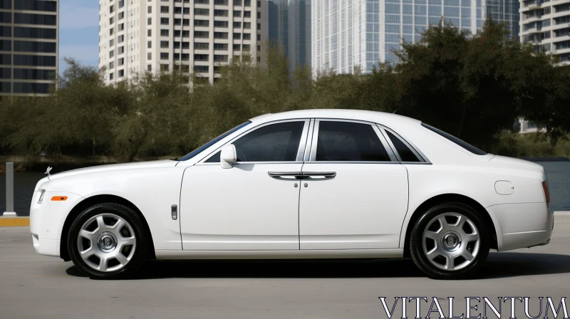 White Rolls Royce Parked in Front of Tall Buildings | Striated Resin Veins AI Image